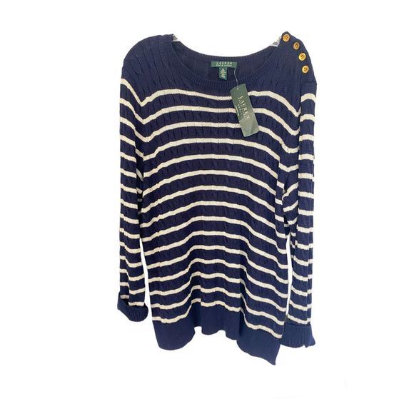Lauren Ralph Lauren Sweaters - Lauren Ralph Lauren Navy White Striped Cable Knit Sweater Sz 2X
